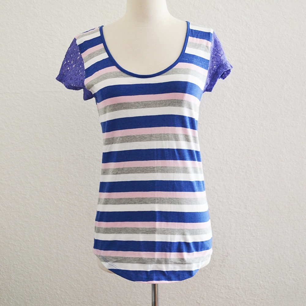 Blue Striped Tshirt Lace Sleeve